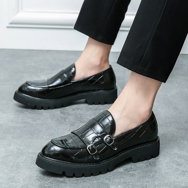 Large size double needle buckle loafers men's patent leather shiny surface, thick heel, height increasing casual leather shoes