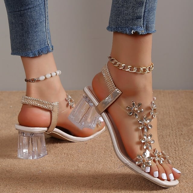 Fashion sandals female 2023 new summer Korean version flower rhinestone chunky heel sandals