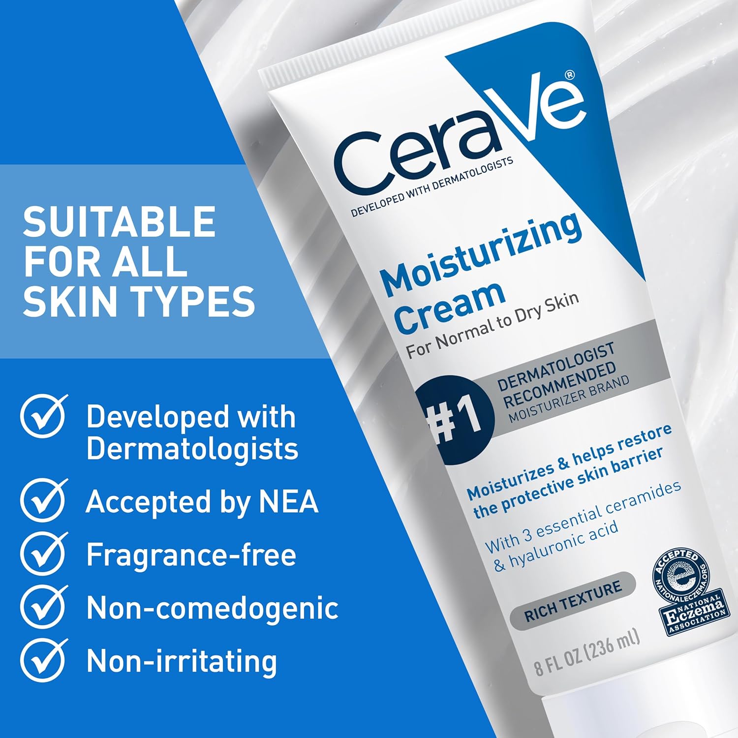 CeraVe Moisturizing Cream, Body and Face Moisturizer for Dry Skin, Body Cream with Hyaluronic Acid and Ceramides, Daily Moisturizer, Oil-Free, Fragran