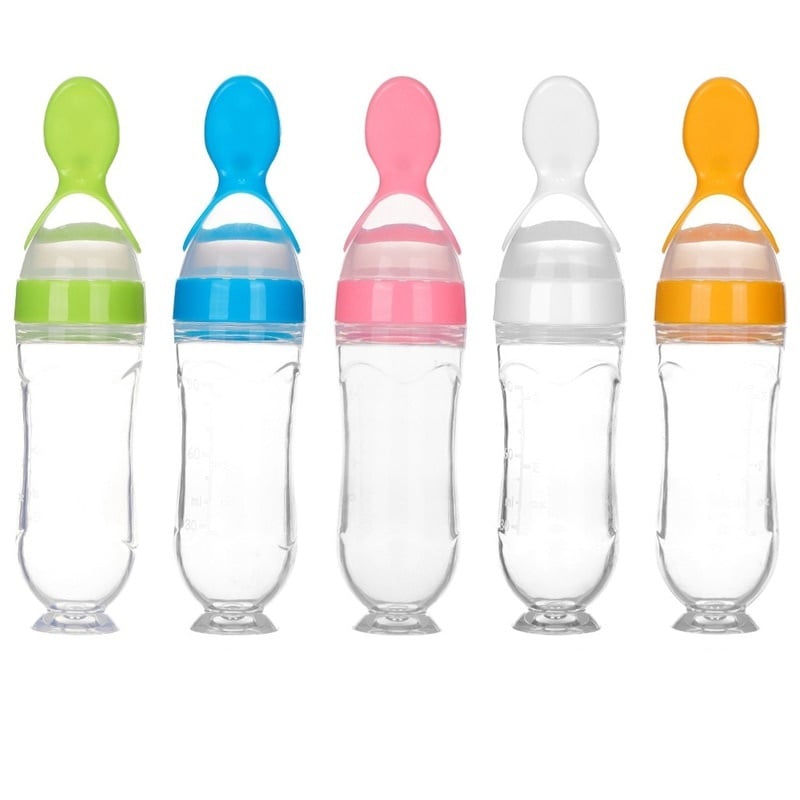 1Pc 90mL Silicone Baby Cereal Feeder Bottle Spoon Baby Toddler Feeding Bottle with Spoon Fresh Food Cereal Squeeze Feeder Hot