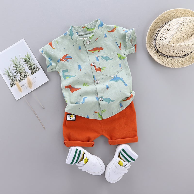 New Cartoon Dinosaur Print Short Sleeve Shirt Pants for Kid Baby Boys Clothes