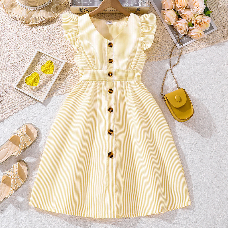 Girl Dress Summer New Light Blue Stripe Ruffled Sleeveless V-Neck Dress Elegant Cute Daily Casual Vacation Style Outifits