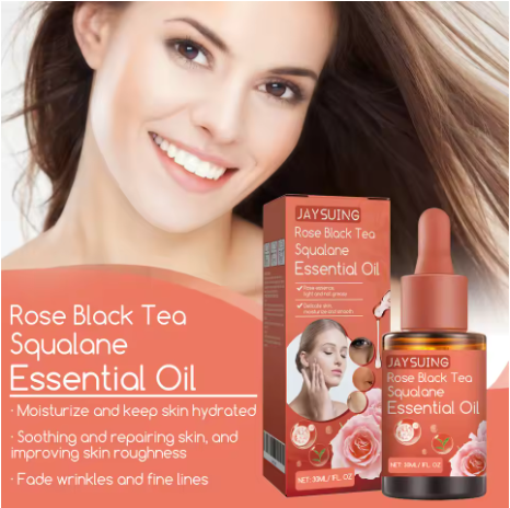 rose black tea squalene essential oil brightens skin tone, moisturizes, lightens dullness, and tightens skin