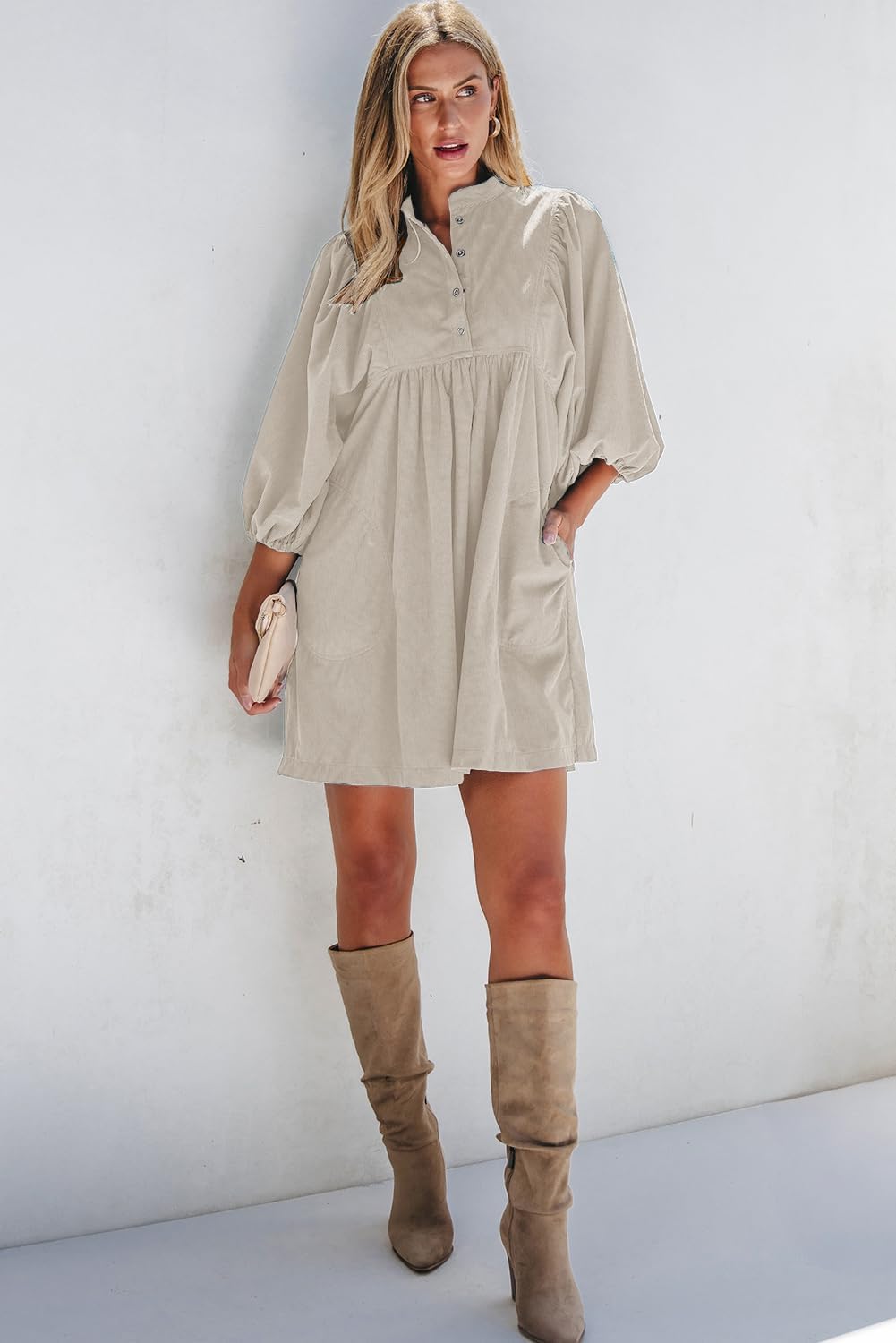 Opemiby Womens Casual Dresses Corduroy Button Up Empire Waist 3/4 Sleeve Fall Winter Mini Babydoll Dress