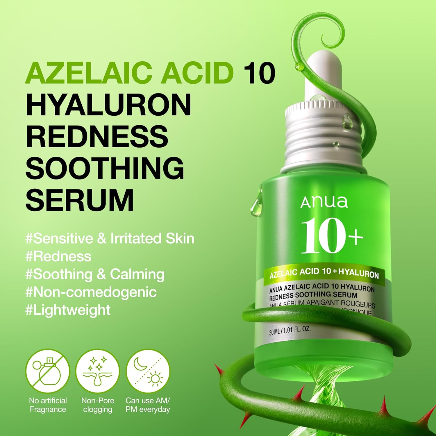 Anua Azelaic Acid 10 Hyaluron Redness Soothing Serum, Facial Serum for Blemish-Prone & Oily-Prone Skin, Lightweight & Hydrating Blemish Care, Hyaluron