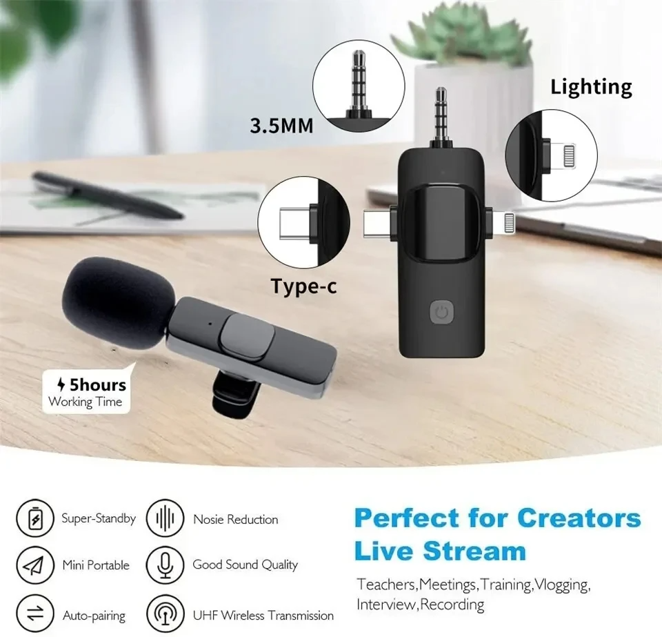 3 In 1 Wireless Lavalier Microphone for iPhone Android 3.5mm for radio Live Recording Noise Reduction Mini Mic Widely Compatible