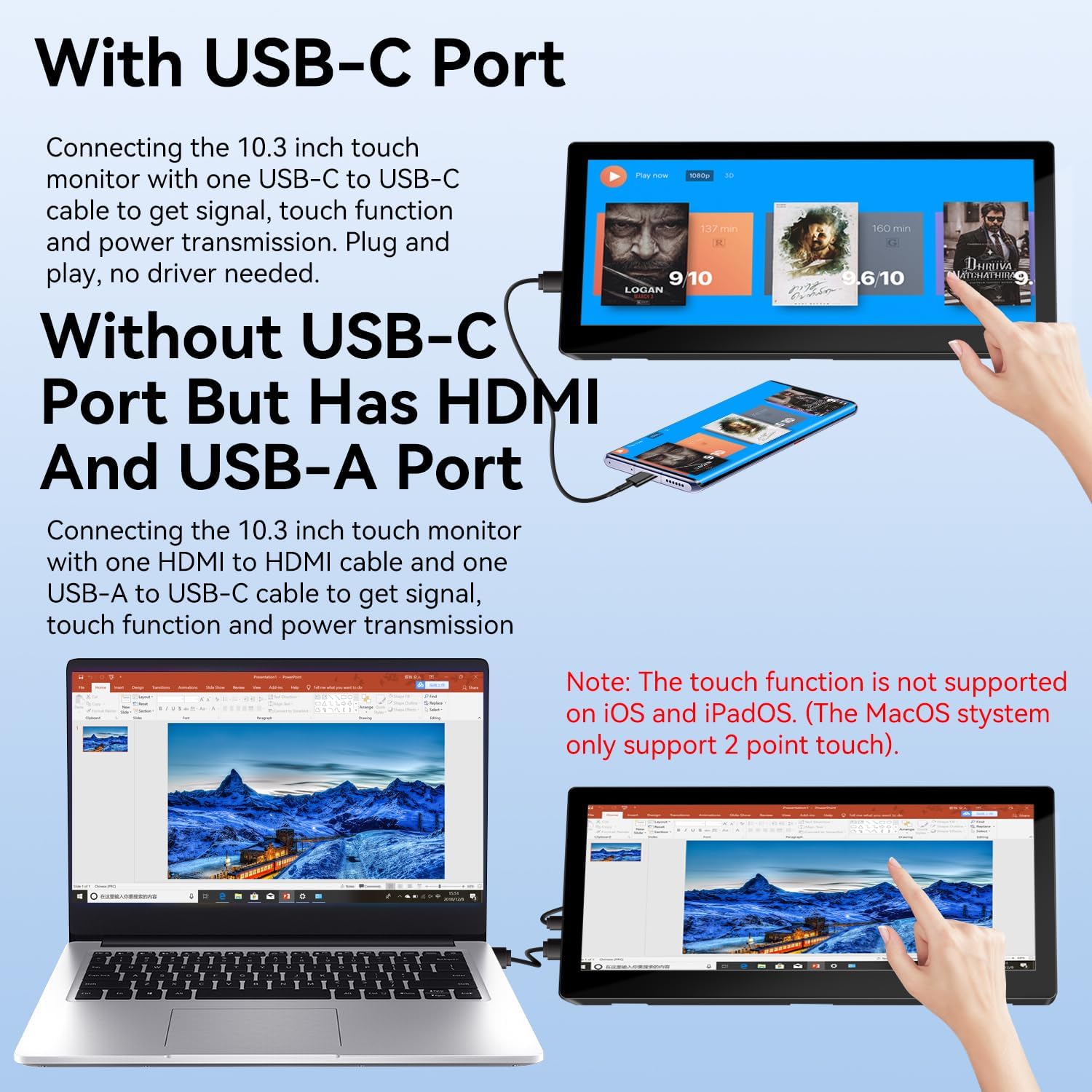 10.3 Inch Small Touchscreen Monitor, 400cd/m², IPS Stretched Bar LCD Mini Travel Touch Display 1920 * 720 HDMI USBC, Portable Touch Screen for Laptop
