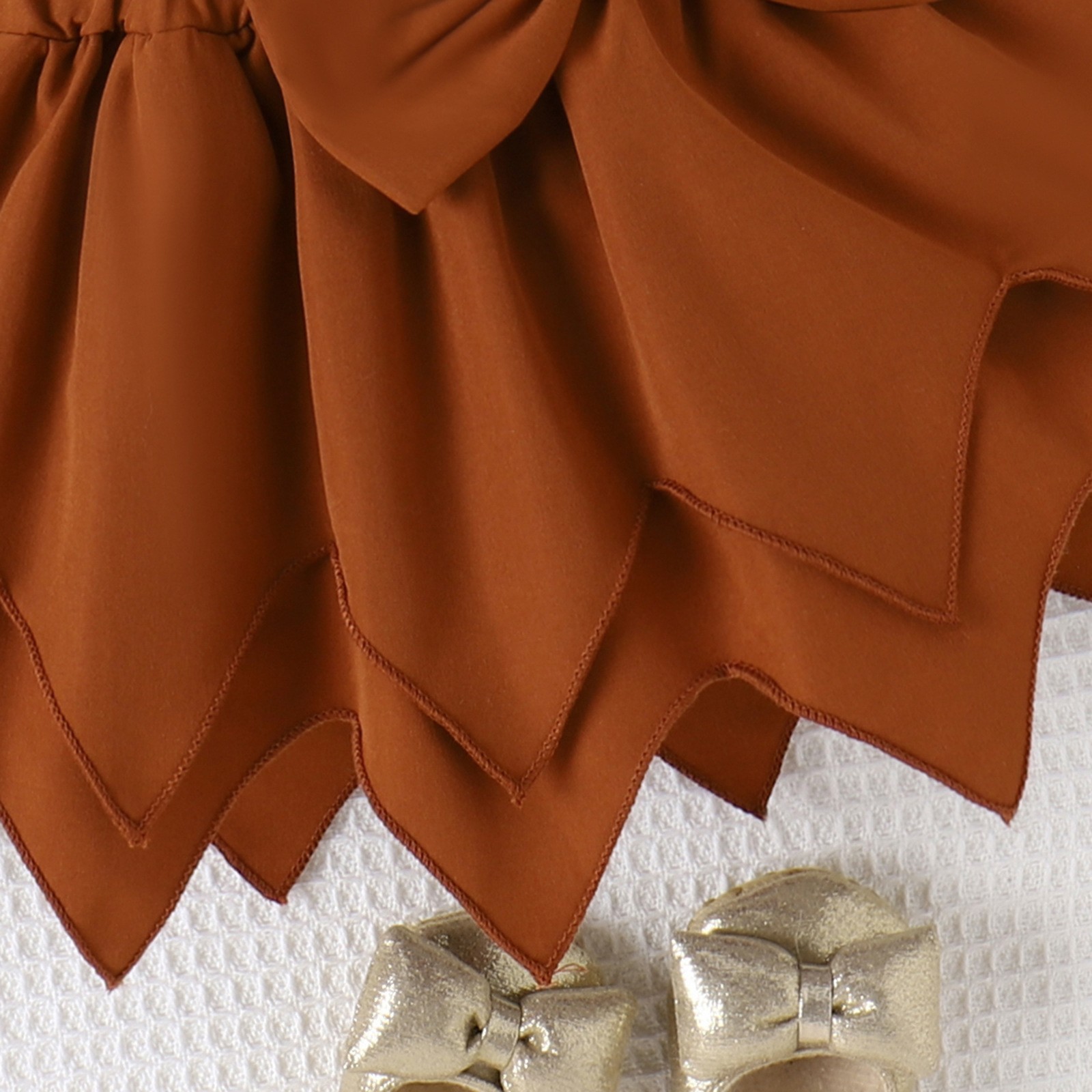 Children's Autumn and Winter Bubble Sleeve Pit Stripe Top Solid Bow Irregular Hemline Girls' Set