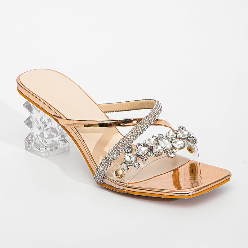 Women's square head rhinestone with transparent crystal thick heels high heels sandals and slippers