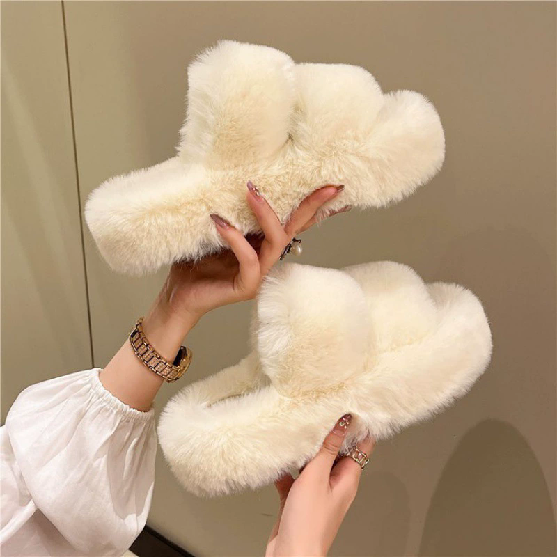 Large Size Women's Slippers Korean Sle Fur Slippers Outdoor Wearable Cotton Slippers Trendy INS Winter Slippers for Ladies