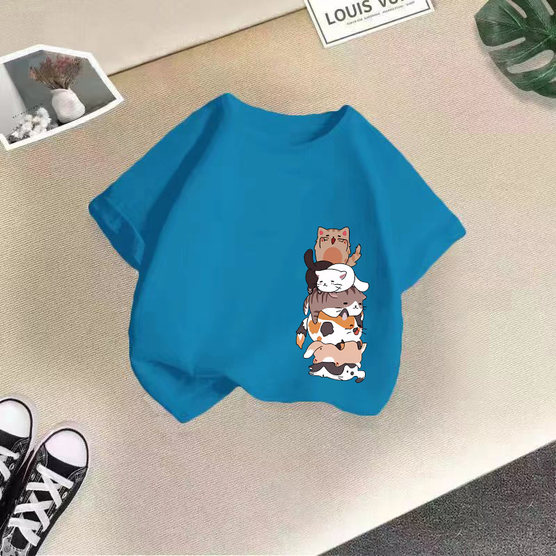 Kawaii Cat Graphic Harajuku Anime Short Sleeve Boys Girls Tshirt Children Cartoon T-shirt Kids Tops Tee Cotton Children Costumes