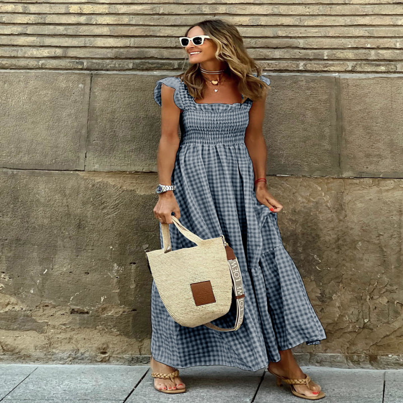 Cross border summer women's patchwork plaid suspender elastic large swing dress