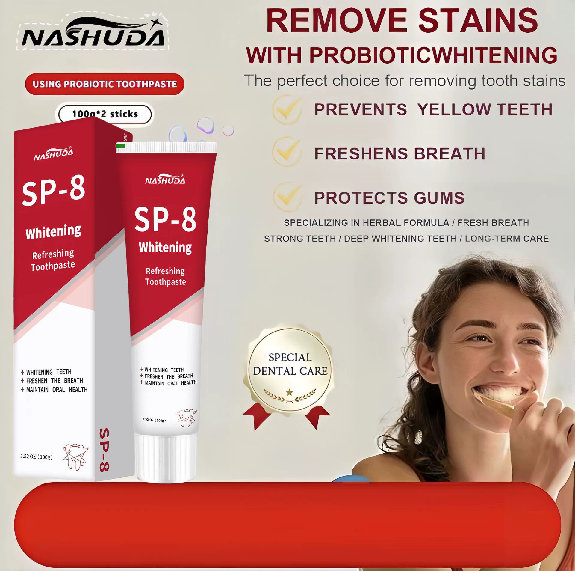 SP-8 Probiotic Toothpaste,Hydroxyapatite Repair for Oral Care Deeply Clean,Removes Stains,Fresh Breath Keep Mouth Health 100g