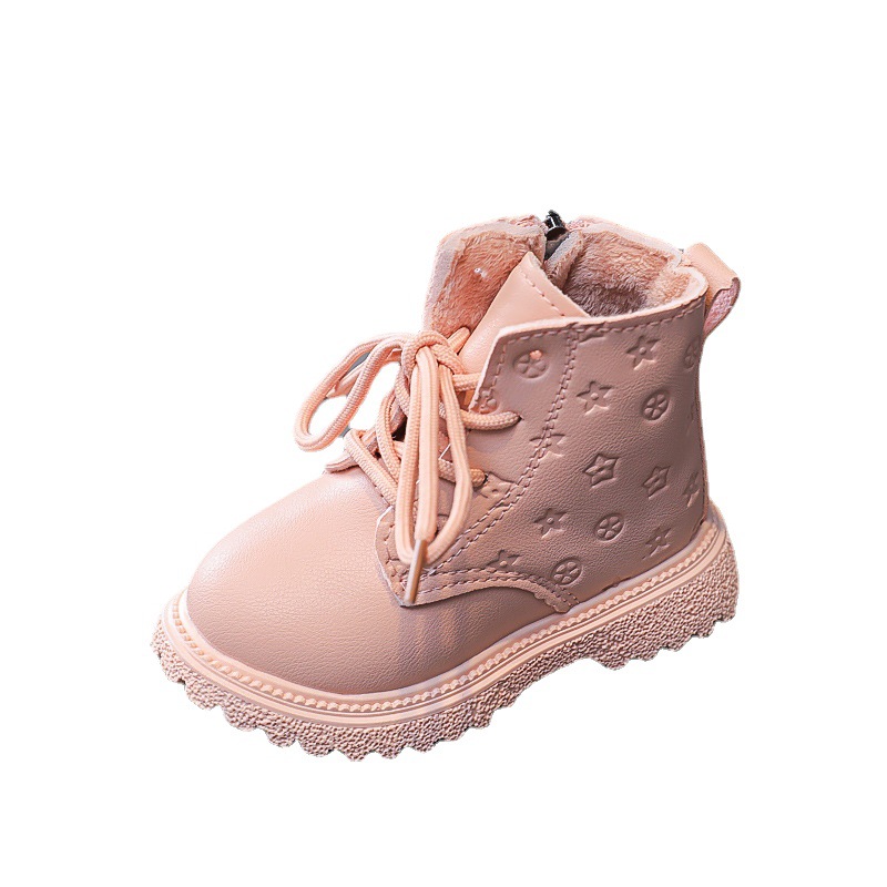 2024 new warm female baby thin velvet lace-up leather boots boys Martin boots cute printed short boots