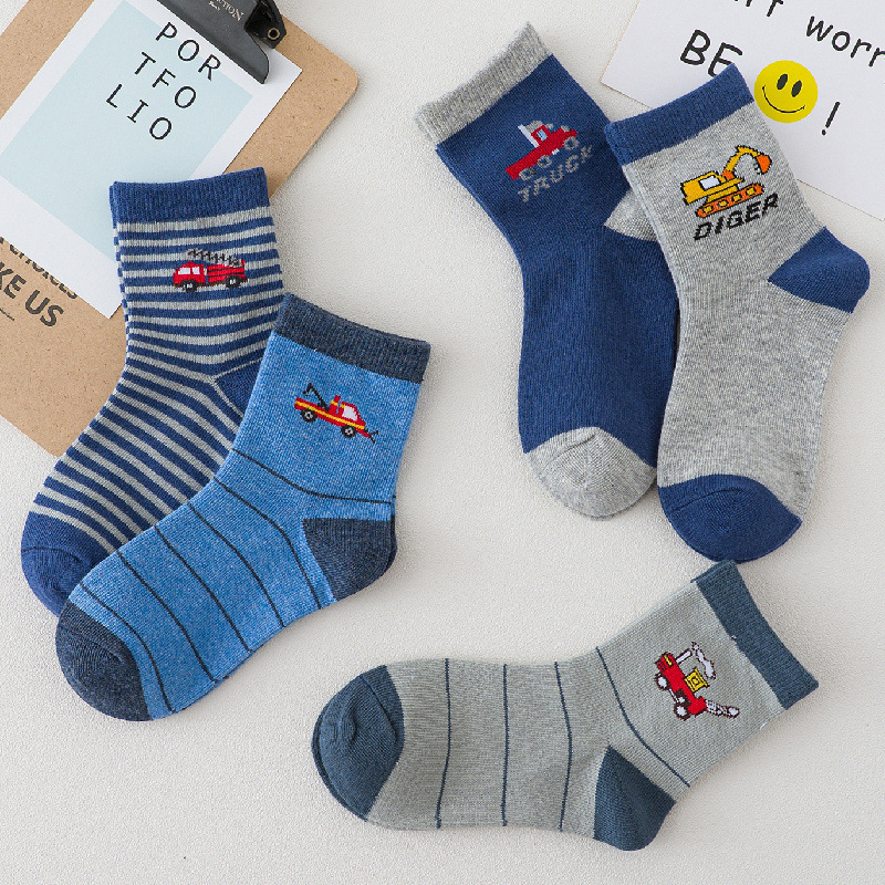 5 pairs of children's socks Spring and Autumn pure cotton car cartoon boys' medium tube socks