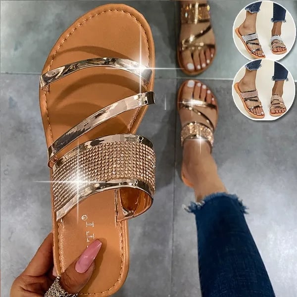 Women's Rhinestone Flat Slippers Solid Fashion Open Toe Anti-skid Slides Shoes Casual Outdoor Slippers