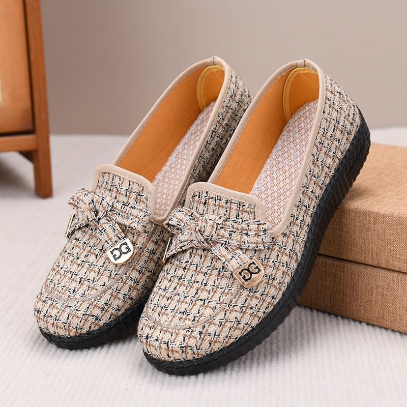 Women's Monogram Print Bow Loafers New Jacquard Fabric Low Heel Slip-On Dress Shoes for Female Office Daily