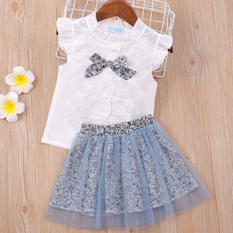 Girls Clothing Sets New Summer Sleeveless T-shirt+Print Bow Skirt 2Pcs for Kids Clothing Sets Baby Clothes Outfits