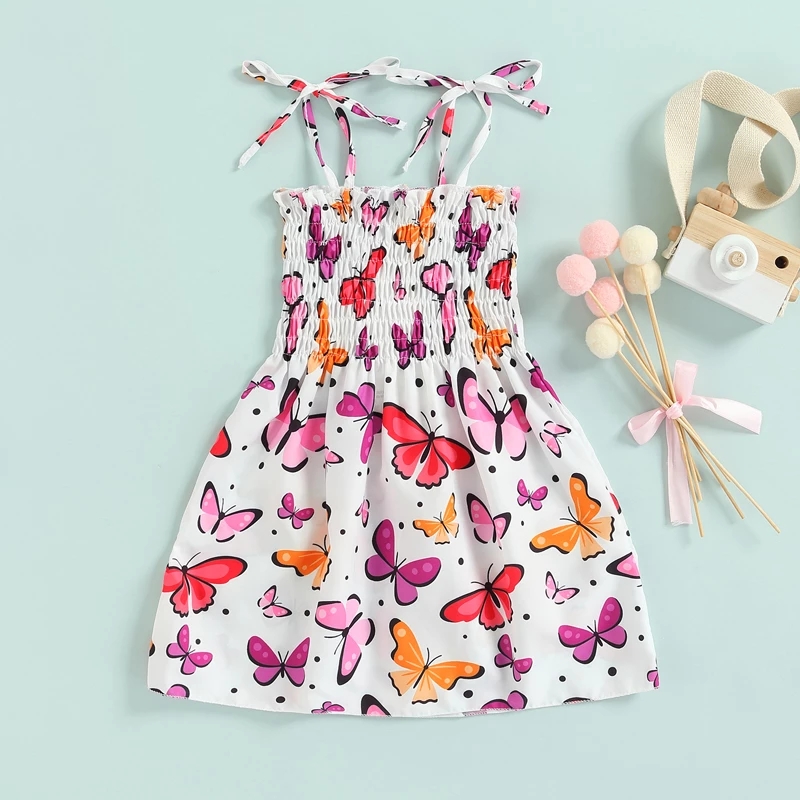FOCUSNORM 1-6Y Summer Kids Girls Holiday Dress 5 Style Strap Sleeveless Lace Up High Waist Printing A-Line Sundress