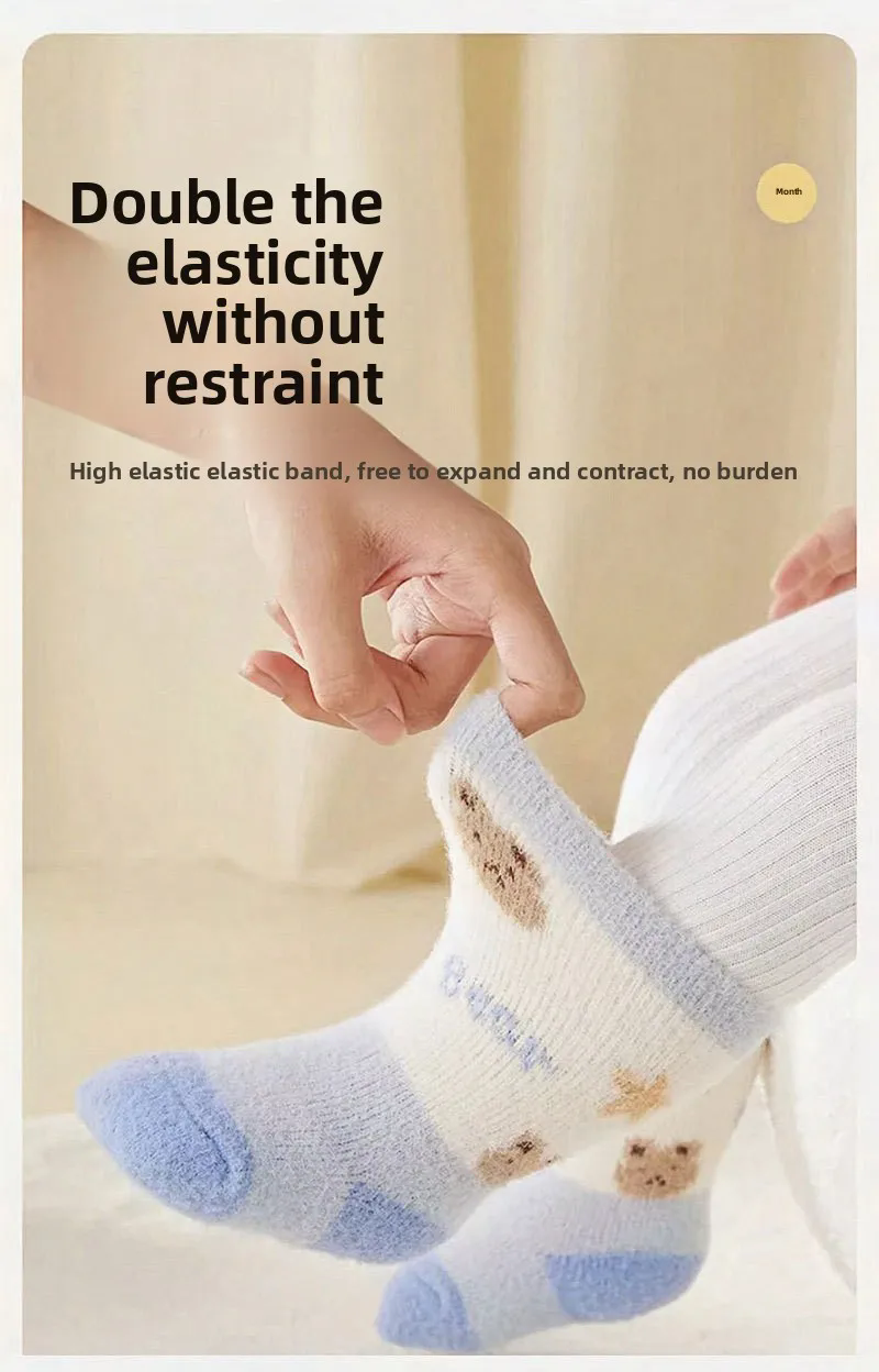 3 Pairs Kids Winter Socks Cute Cartoon Bear Rabbit Thick Plush Warm Middle Tube Socks for Boy Girl Newborn Anti-Cold Sleep Socks
