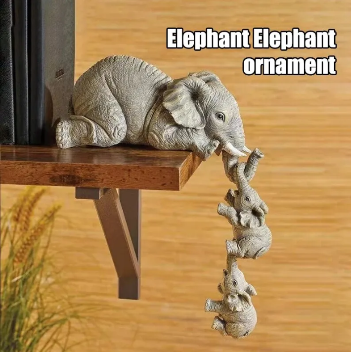 3PCS/set Elephant Sitter Hand-Painted Figurines,Full Size Mother and Two Babies Hanging Off The Edge of a Shelf Or Table,Resin