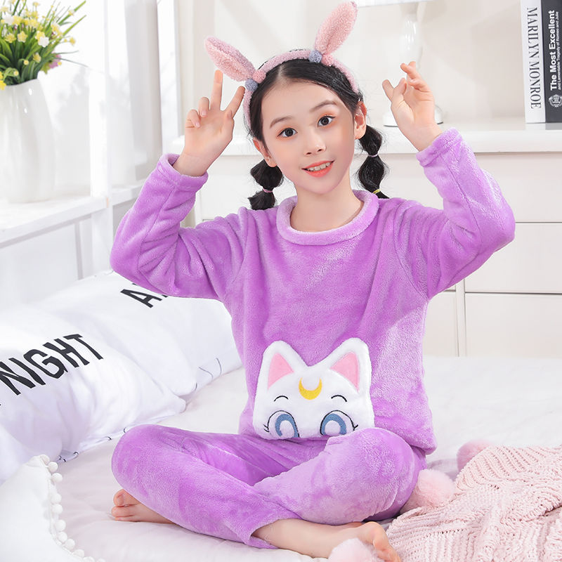 Hello Kitty children winter flannel pajamas boys and girls cartoon coral velvet thickened home keep warm clothes set