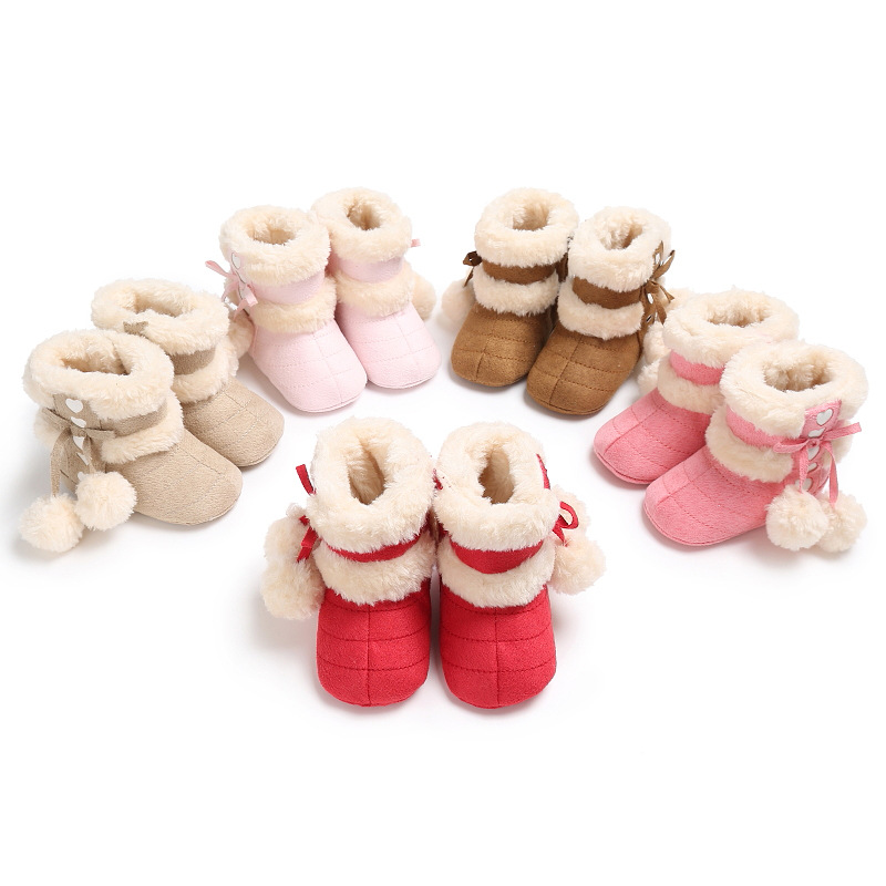 Winter hair ball snow boots warm 0-1 years old baby soft bottom shoes non-slip toddler shoes