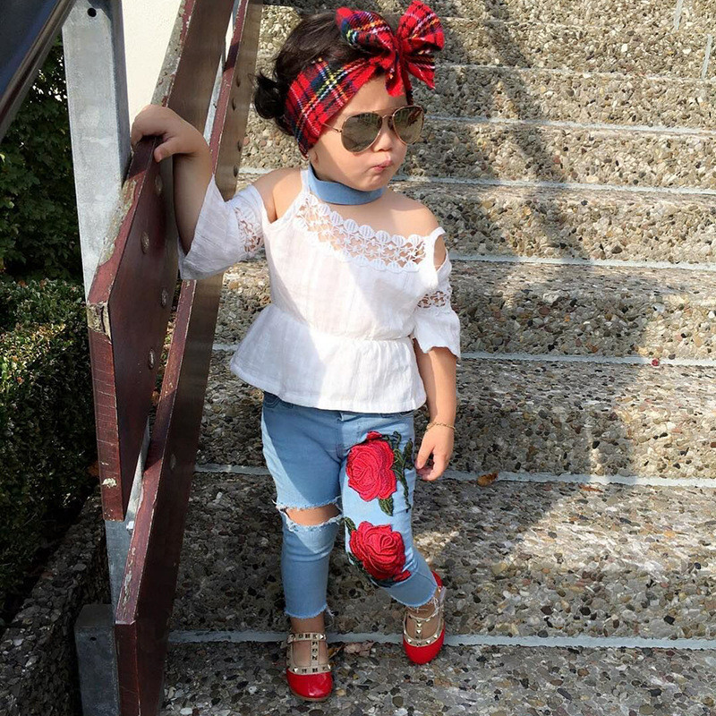 Girls fashion creative pure white openwork lace sling sleeves shirt rose embroidered denim pants suits