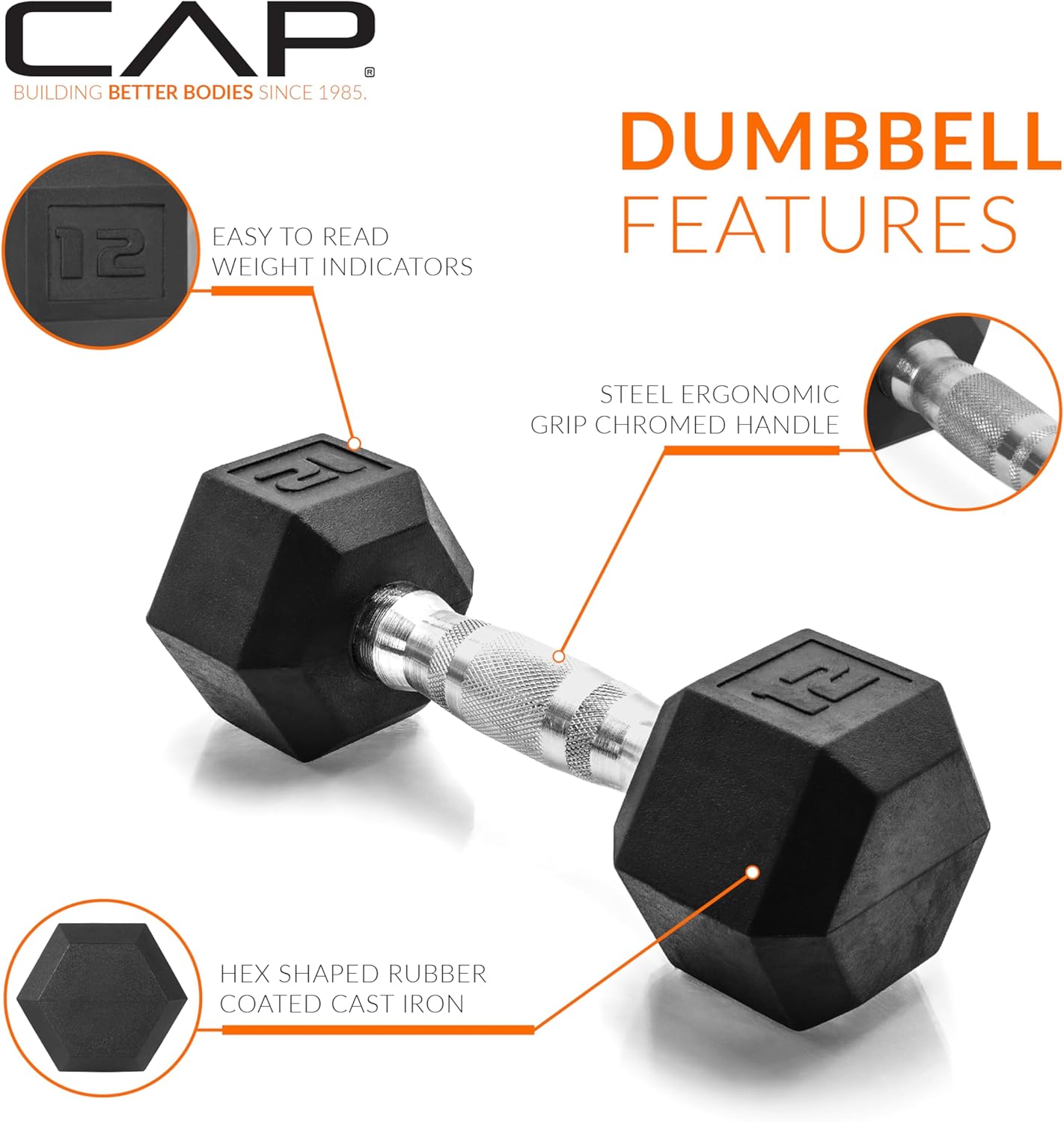 CAP Barbell Coated Hex Dumbbell Weight - Single | 10-120 lbs | Multiple Options