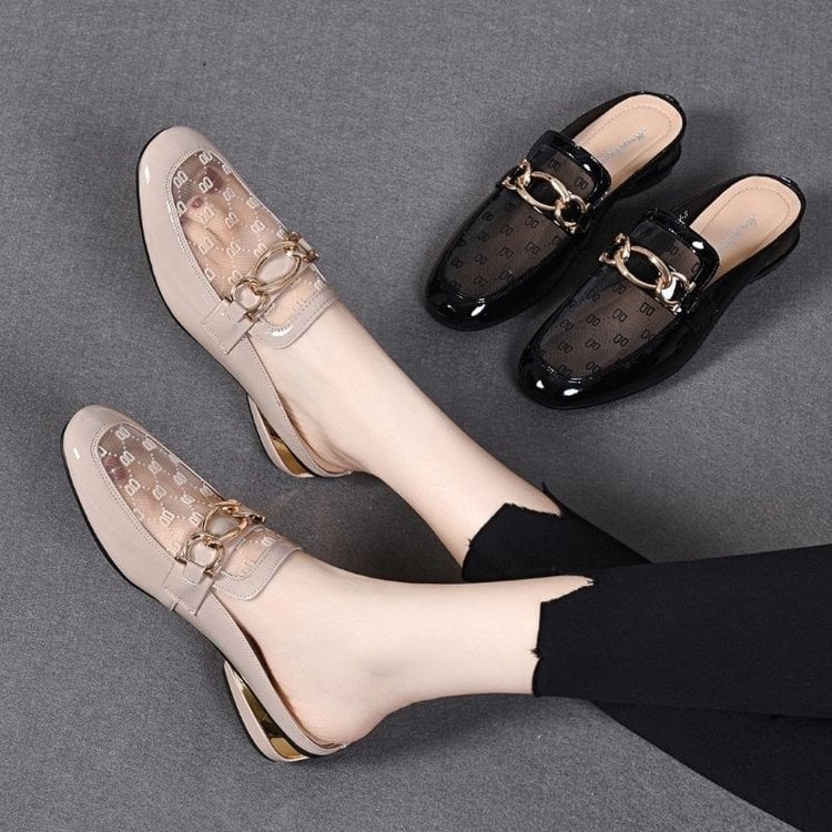 Summer Wear Soft-Soled Sandals Low Heel Thick Heel Fashion Bag Head Half Drag SandalsSoft Leather Mesh Cool