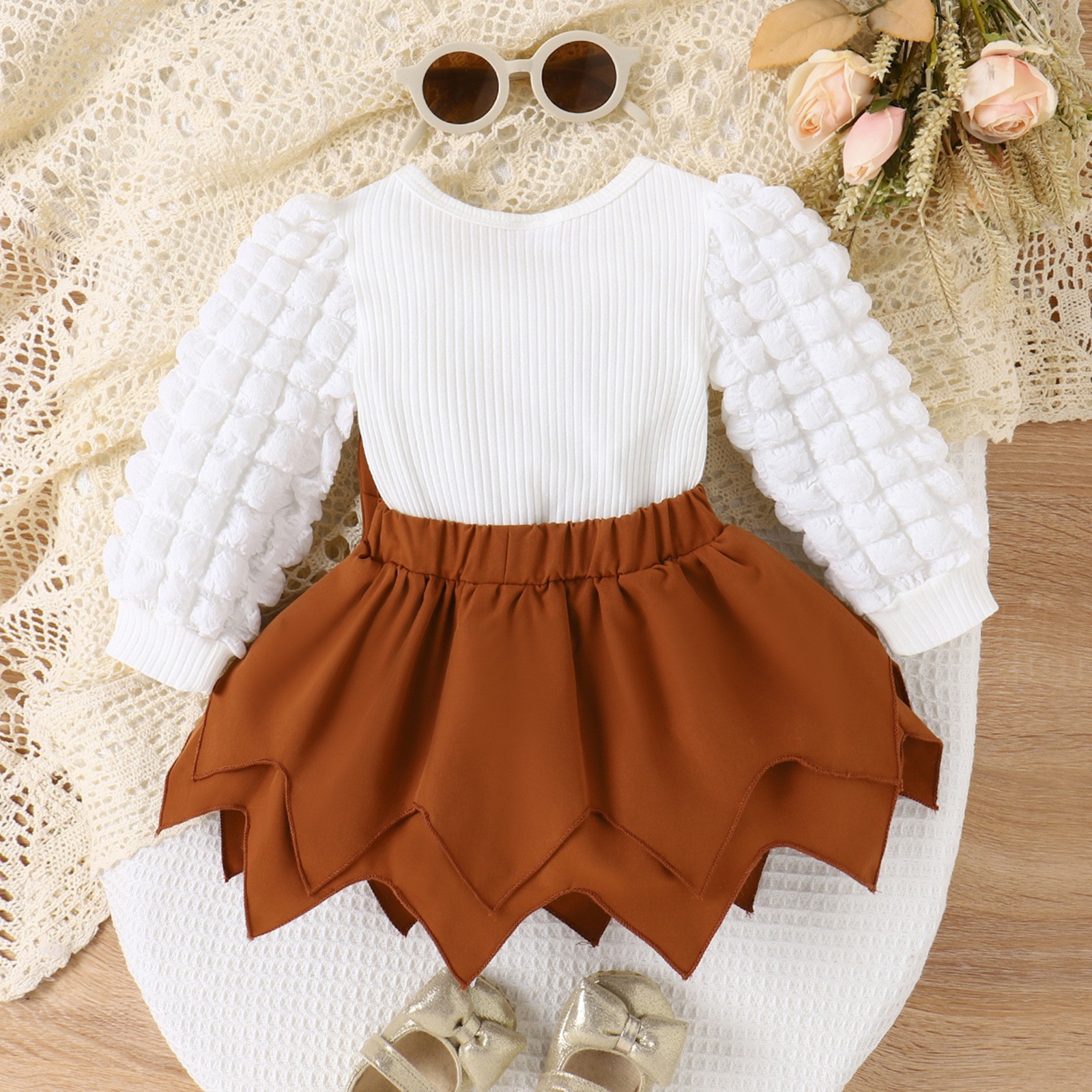 Children's Autumn and Winter Bubble Sleeve Pit Stripe Top Solid Bow Irregular Hemline Girls' Set