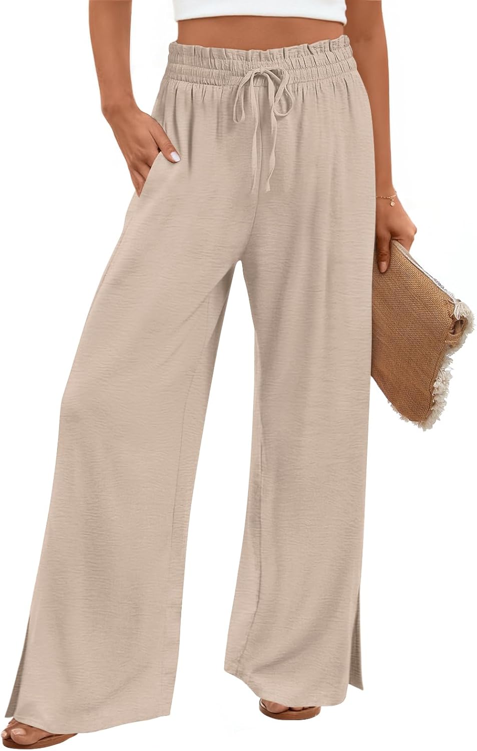 HOTGIFT 2026 Womens Pants Wide Leg High Waisted Adjustable Drawstring Trousers with Pockets Casual Lightweight