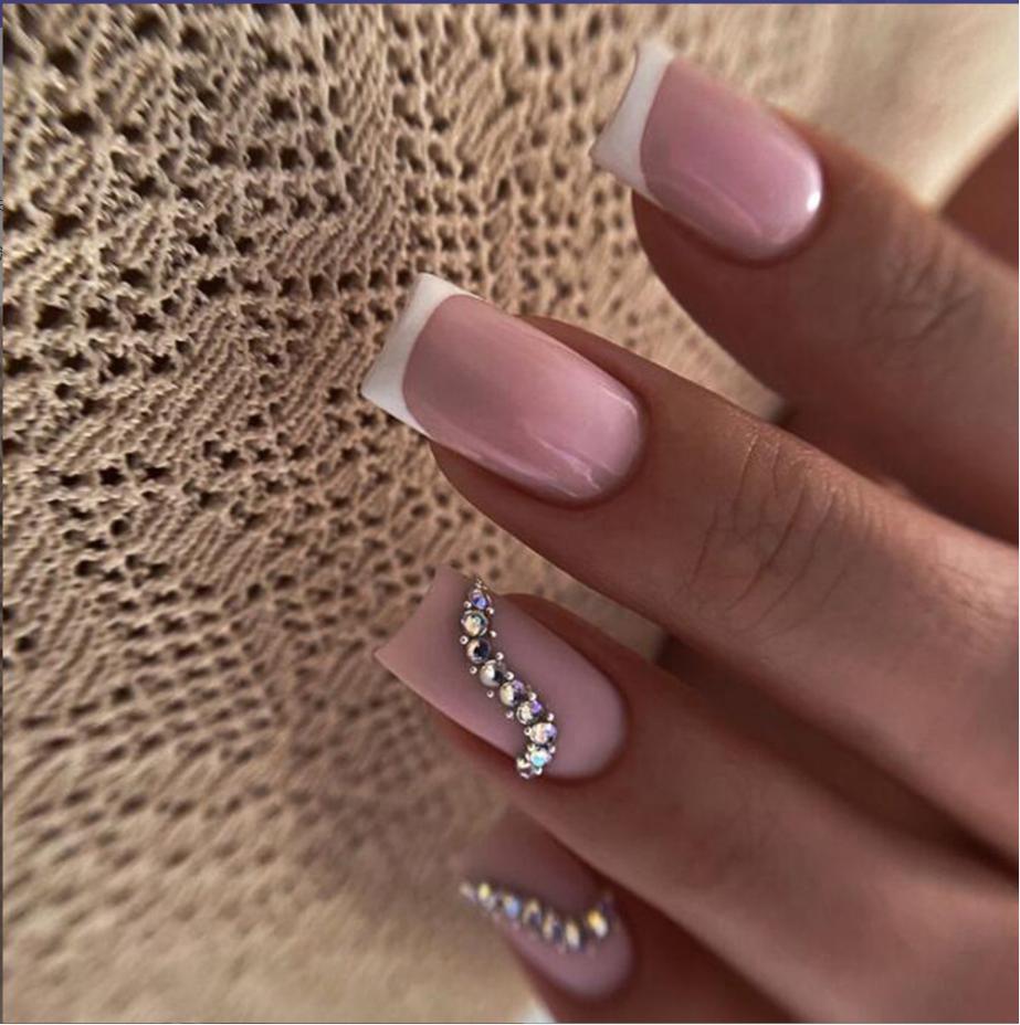 24Pcs Simple Square Head Fake Nail with Jelly Glue Pink White Gradient French Press on False Nails Short Full Cover Nail Tips