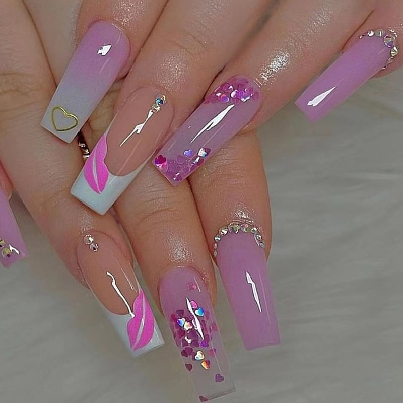 24pcs/Set Long Fake Nails European Marbled Pink Purple Gradient Beauty Artificial False Nails With Double-sided Adhesive Tape