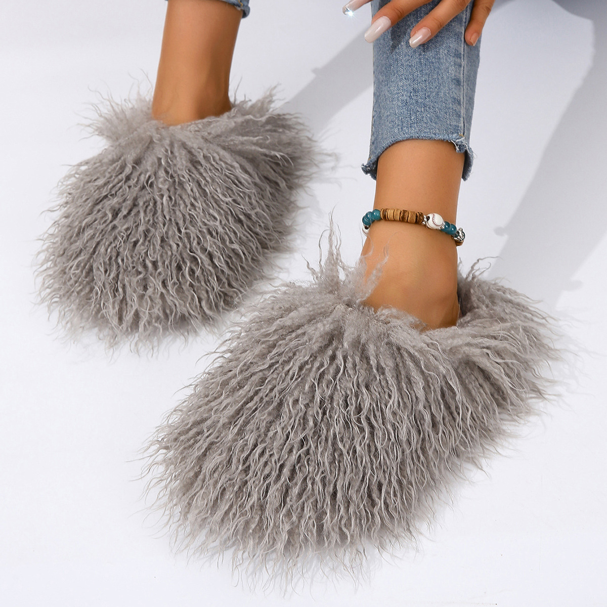 New Women's Wool winter Slippers Wool Home Warmth Flat Bottom Non slip Sleeve Durable Sandals Fashion Large size Slippers 36-51
