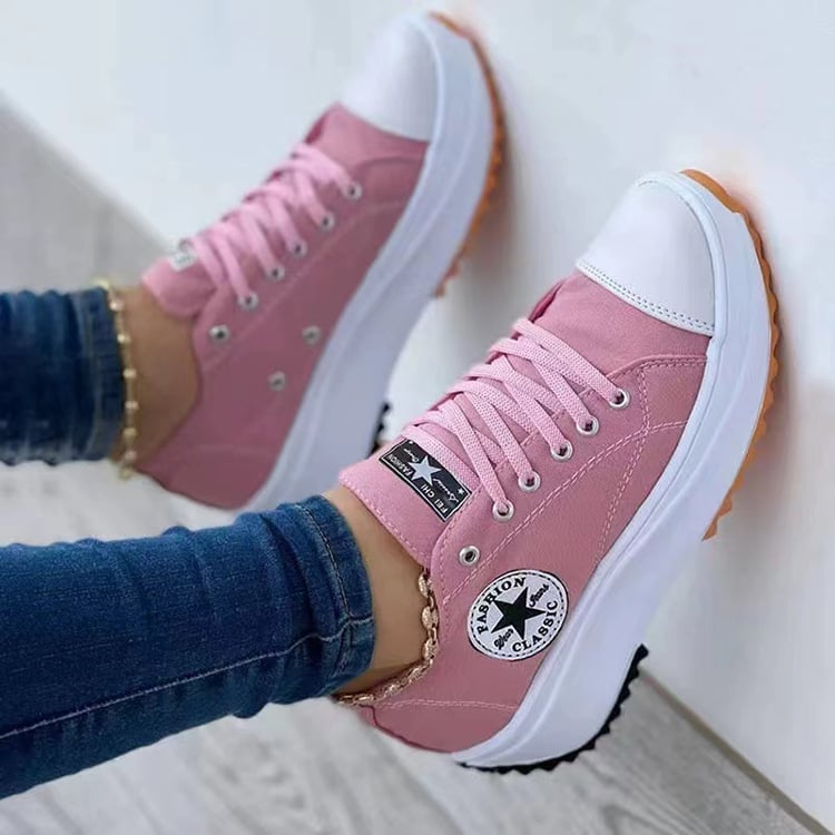Women's casual single shoes large thick sole solid color lace up canvas shoes women