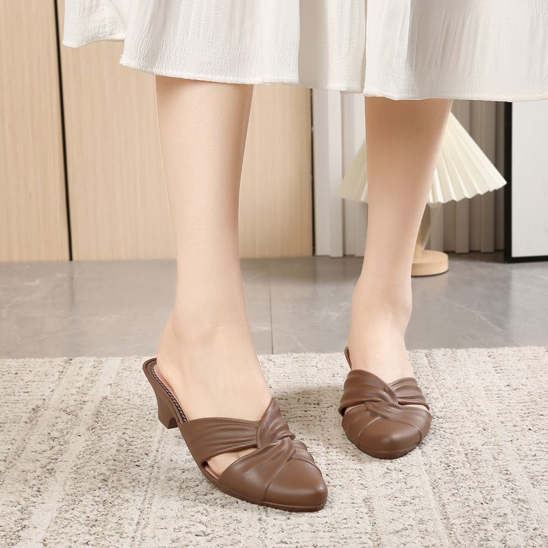 New Summer Elegant Women Fashion Pointed Toe Half Slippers Woman Comfortable Mid Heel Casual Sandals Lady Office Shoes
