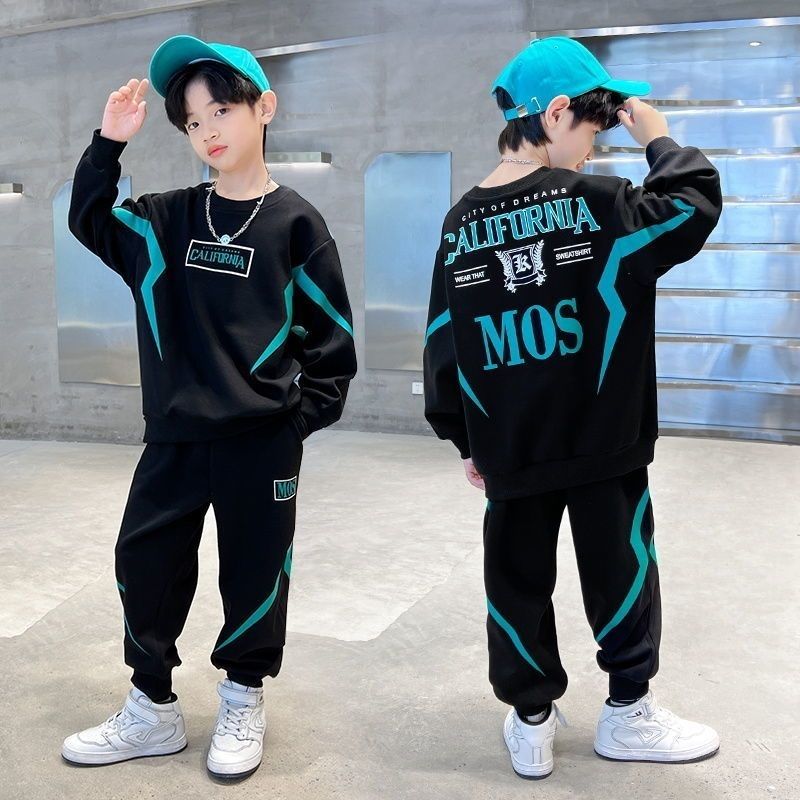 Boys Spring and Autumn Splicing Contrast Color Cotton Long Sleeve T-Shirt Sweater + Elastic Loose Comfortable Pants Casual Sport