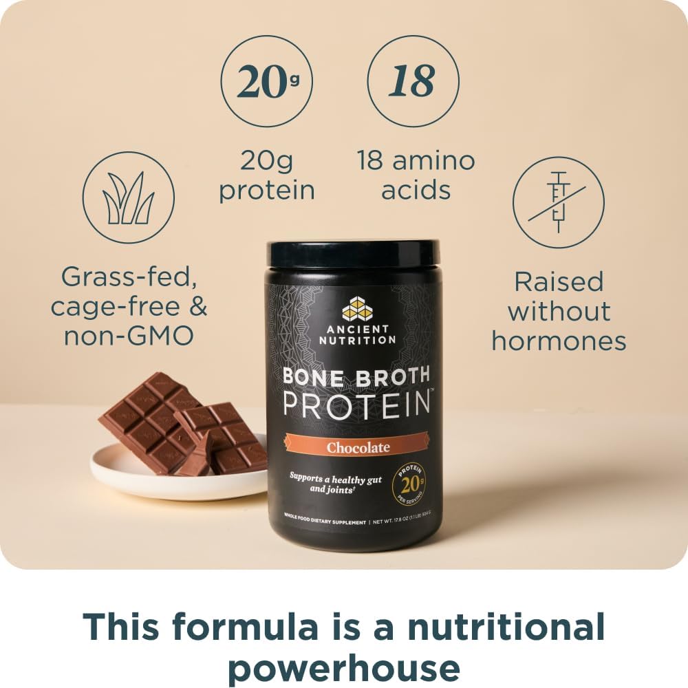 Ancient Nutrition Protein Powder Made from Real Bone Broth, Chocolate, 20g Protein Per Serving, 20 Serving Tub, Gluten Free Hydrolyzed Collagen Peptid