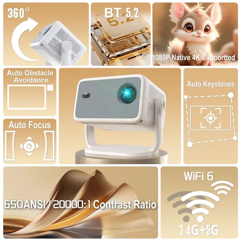Velec Projector Netflix Certification 650ANSI Android 13 Portable 4K Native Wifi6 BT5.2 1080P TP350 Auto Keystone Correction