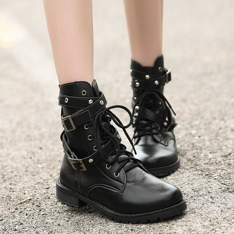 Fashion Women Boot Punk Gothic Style Lace up Round Toe Boots Women Shoes Short Boots Street Motorcycle boots mujer zapatos