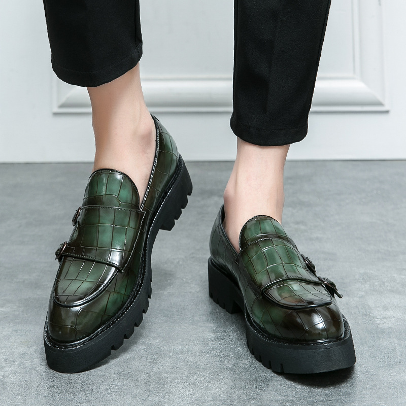 Large size double needle buckle loafers men's patent leather shiny surface, thick heel, height increasing casual leather shoes