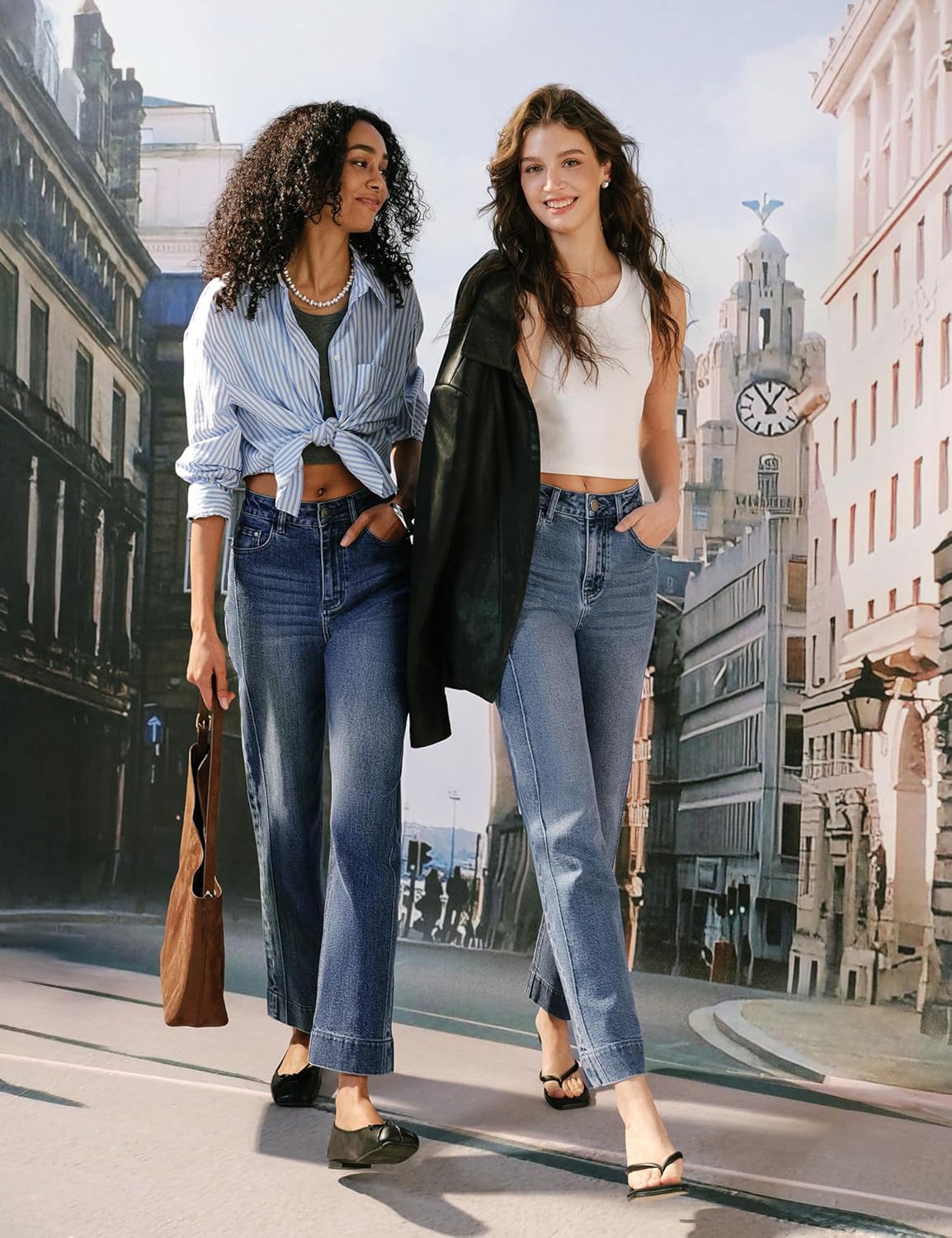 Women’s Straight Leg Jeans High Waisted Cropped Trendy Jeans Wide Leg Zipper Denim Pants