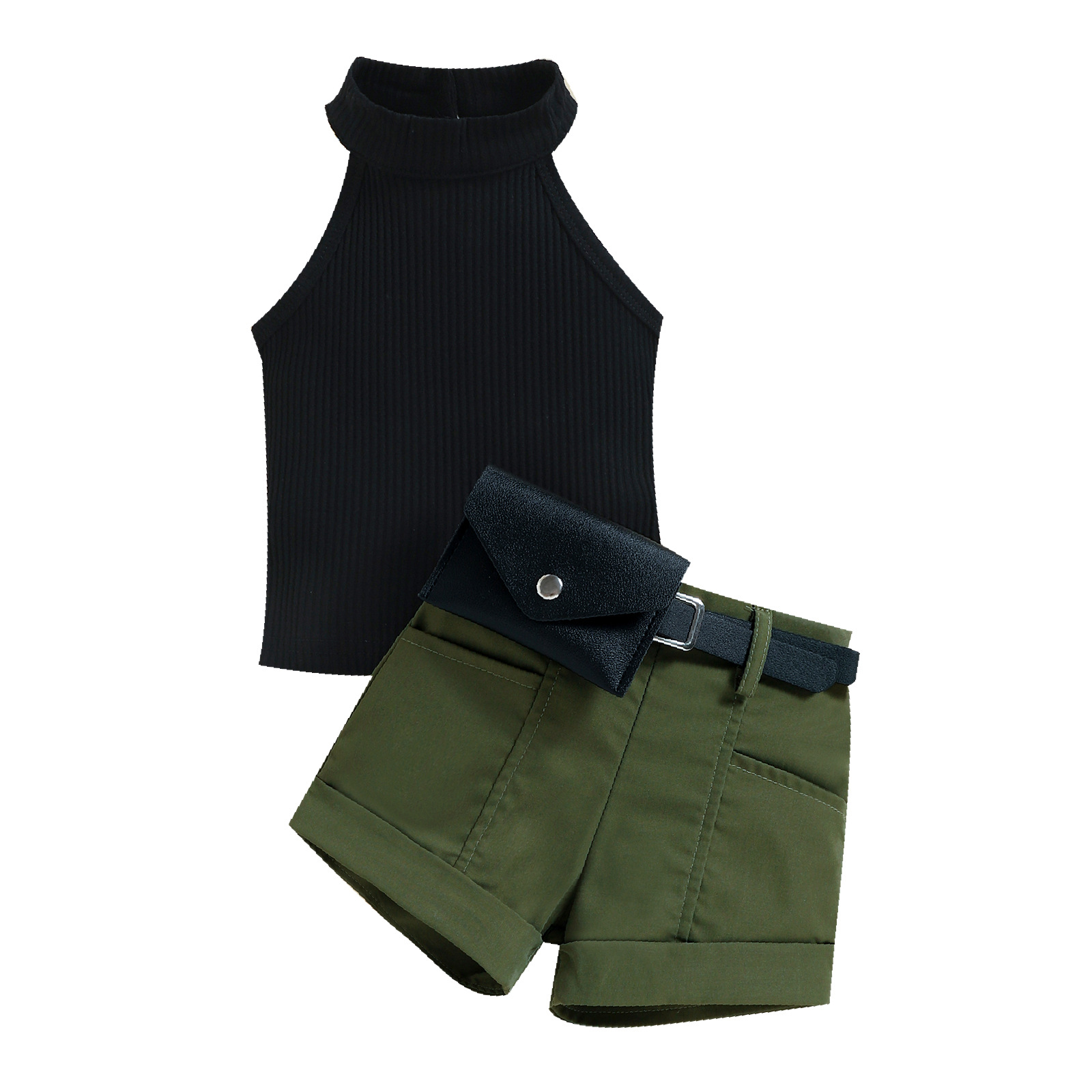 Little Girl Three-Piece Outfits Solid Color Sleeveless Ribbed Stand-Up Collar Tops + Belted Short Pants + Small Waist Pack 6M-4T