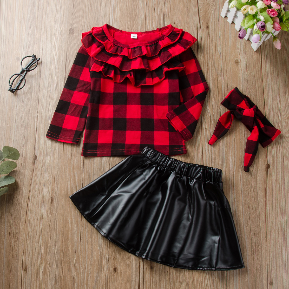 Toddler Kids Baby Girls Long Sleeve Grids Ruffle Tops+ PU Skirt+Headband Set Outfits Clothes 3PCS