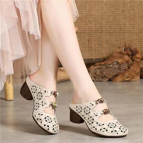 Thick Heeled Hollow Out Women's Slippers Summer Retro Open Toed Sandals, Breathable Ethnic Style