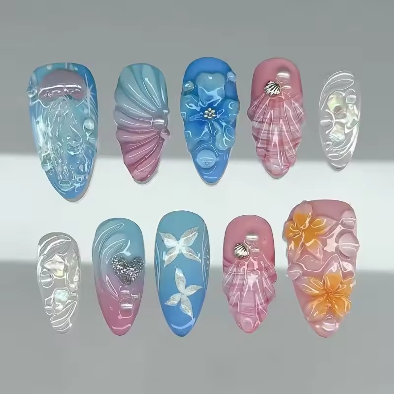 24PCS Almond Press on Nails Summer Pink 3D Flowers Shell Starfish Fake Nails for Women Blue Gradient French Beach False Nails