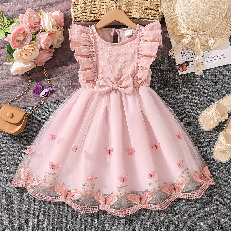 Kids Princess Dress For Girls O-Neck Wing-Sleeve Bowknot Floral Print Embroidery 4-7 Years Summer Sweet Birthday Party Clot