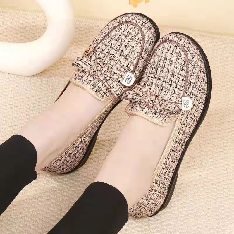 Women's Monogram Print Bow Loafers New Jacquard Fabric Low Heel Slip-On Dress Shoes for Female Office Daily