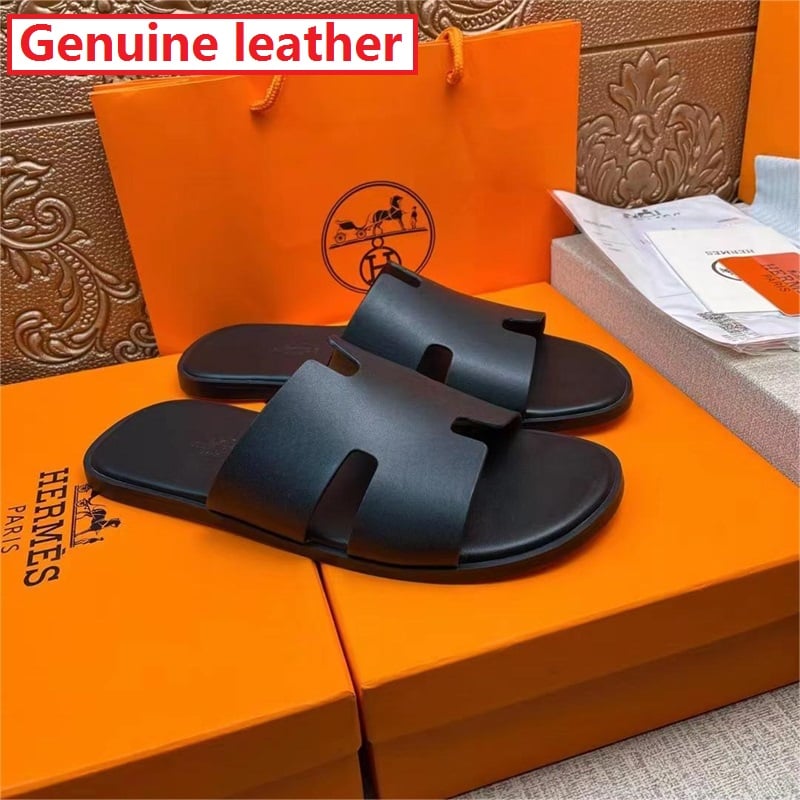 Genuine leather mens Fashion Summer Casual Solid Color Shoes Brown Black Beach Flat Flats Sandals Sandal Slippers Slipper Shoe